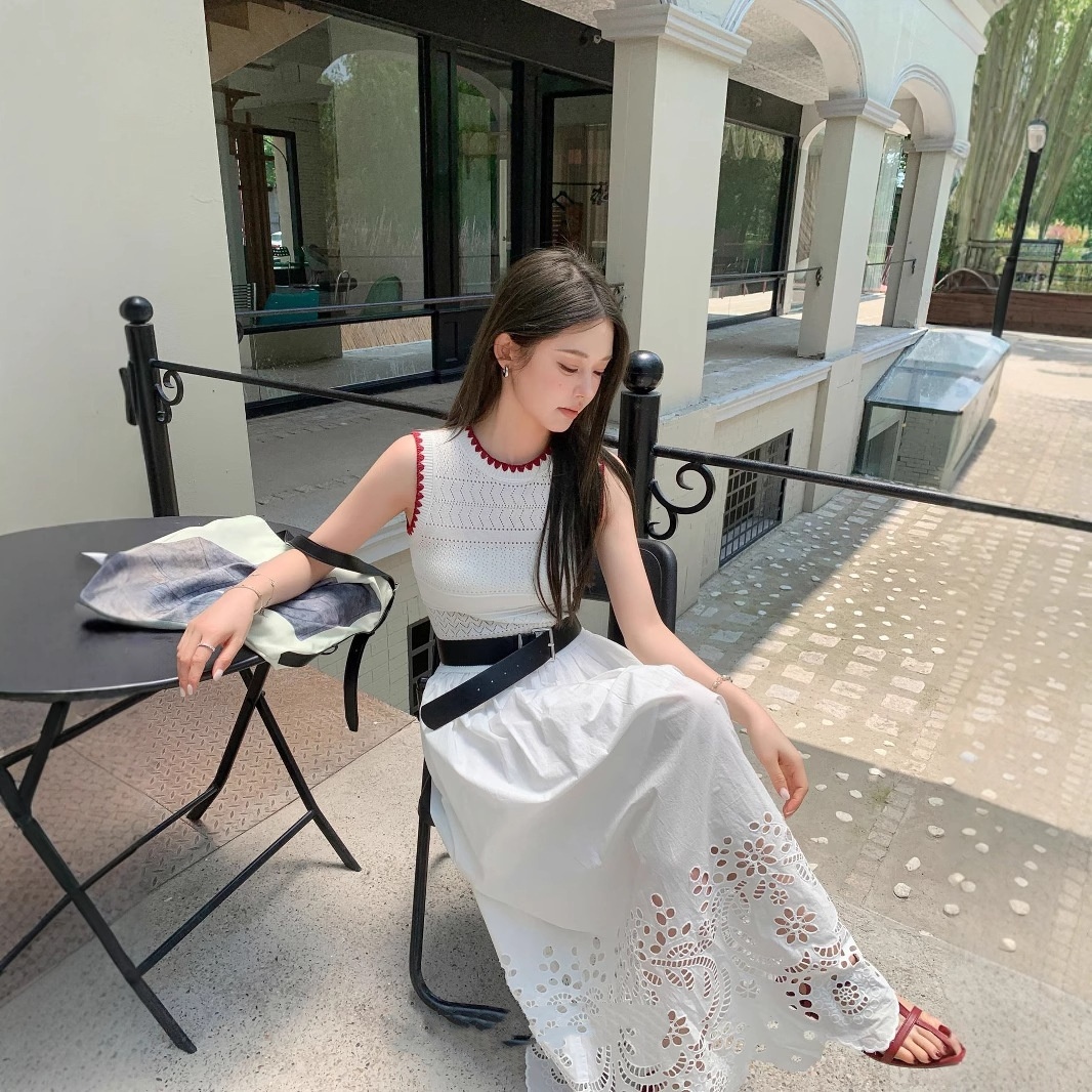 Vacation Style Casual Vest Knitted Stitching Hollow Out Ruffled High Waist Slim Length Dress - Image 3