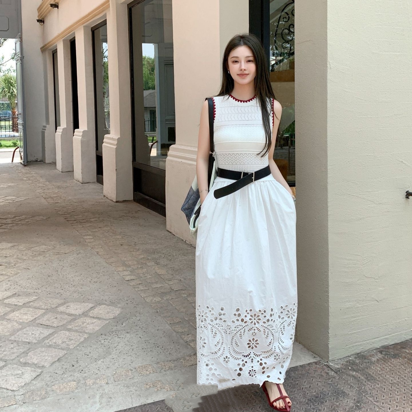 Vacation Style Casual Vest Knitted Stitching Hollow Out Ruffled High Waist Slim Length Dress - Image 4