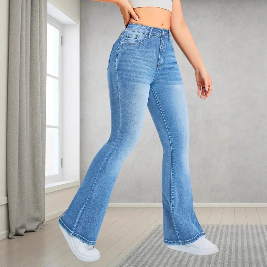 Pocket Design Loose Flared Pants Slim Fit Light Blue Trousers - Image 4