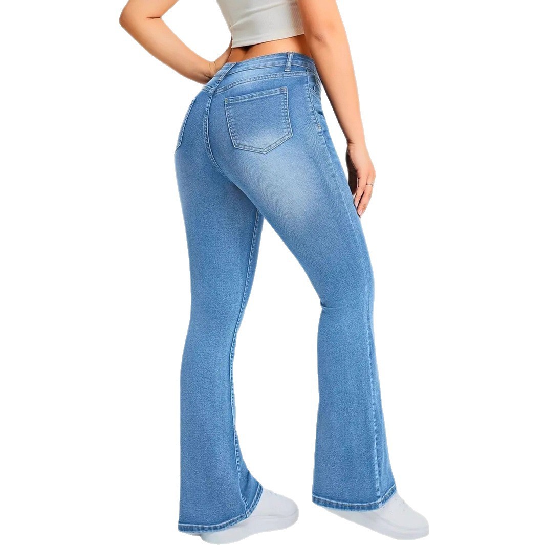 Pocket Design Loose Flared Pants Slim Fit Light Blue Trousers - Image 2