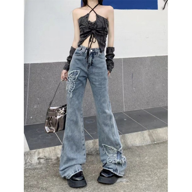 Retro Butterfly Embroidered Jeans High Waist Wash Slightly Flared Mop - Image 2