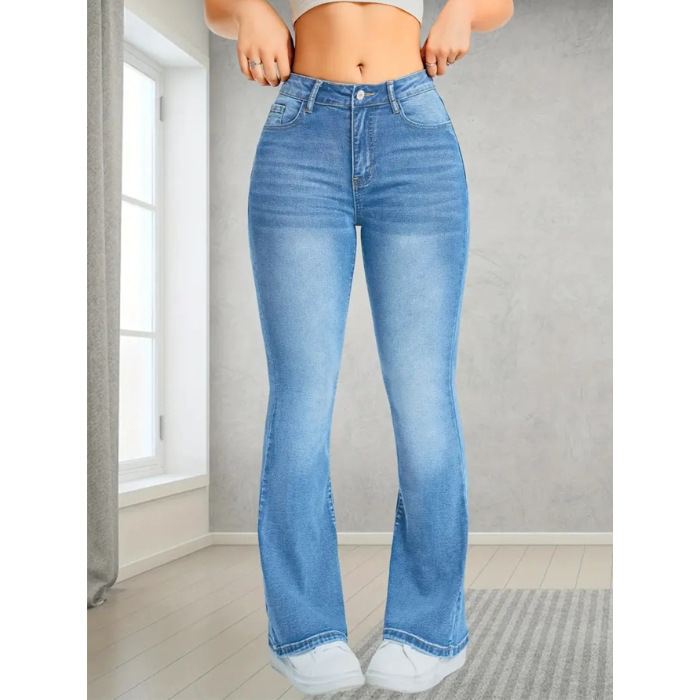 Pocket Design Loose Flared Pants Slim Fit Light Blue Trousers - Image 5
