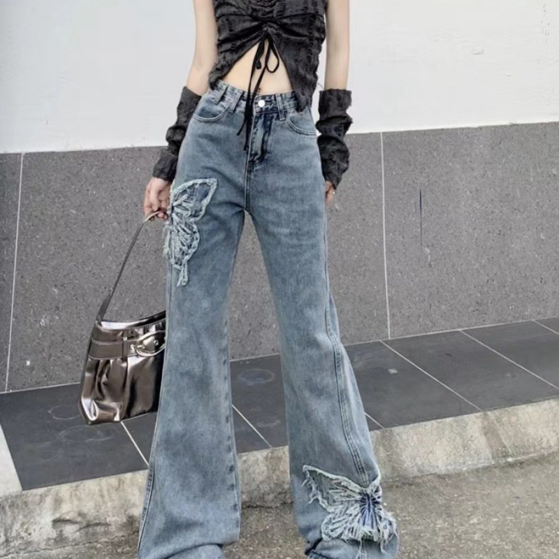 Retro Butterfly Embroidered Jeans High Waist Wash Slightly Flared Mop - Image 4