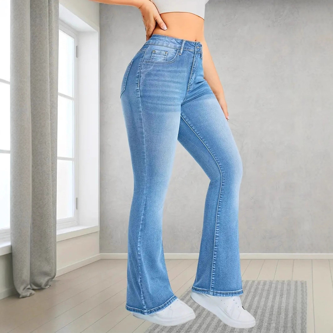 Pocket Design Loose Flared Pants Slim Fit Light Blue Trousers - Image 3