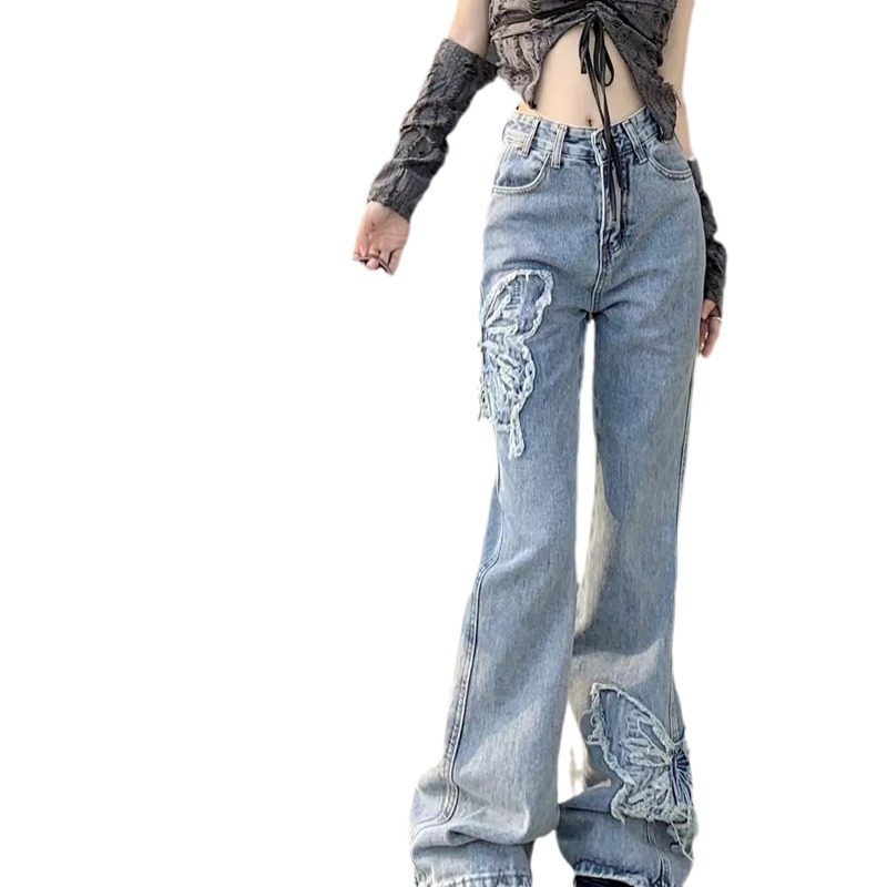 Retro Butterfly Embroidered Jeans High Waist Wash Slightly Flared Mop - Image 6