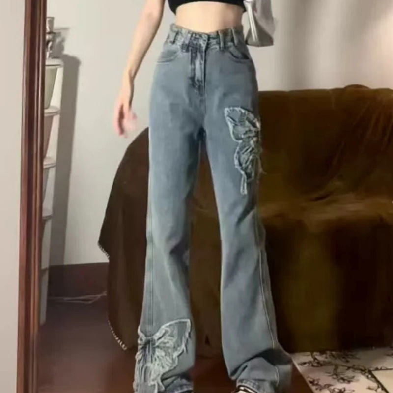 Retro Butterfly Embroidered Jeans High Waist Wash Slightly Flared Mop - Image 5