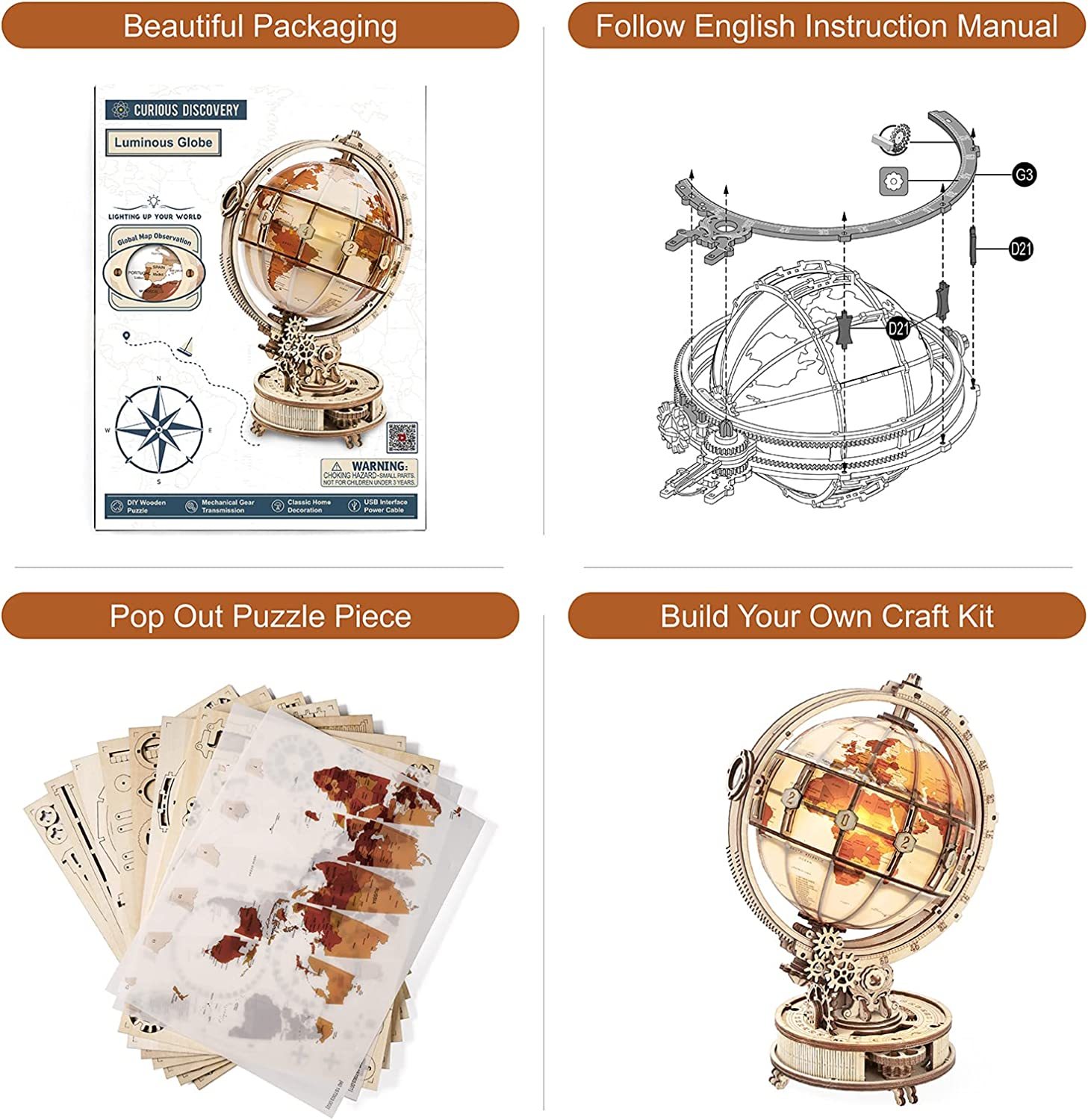 Rokr Luminous Globe 3D Wooden Hot Selling 180PCS Model Building Block Kits Toy - Image 4