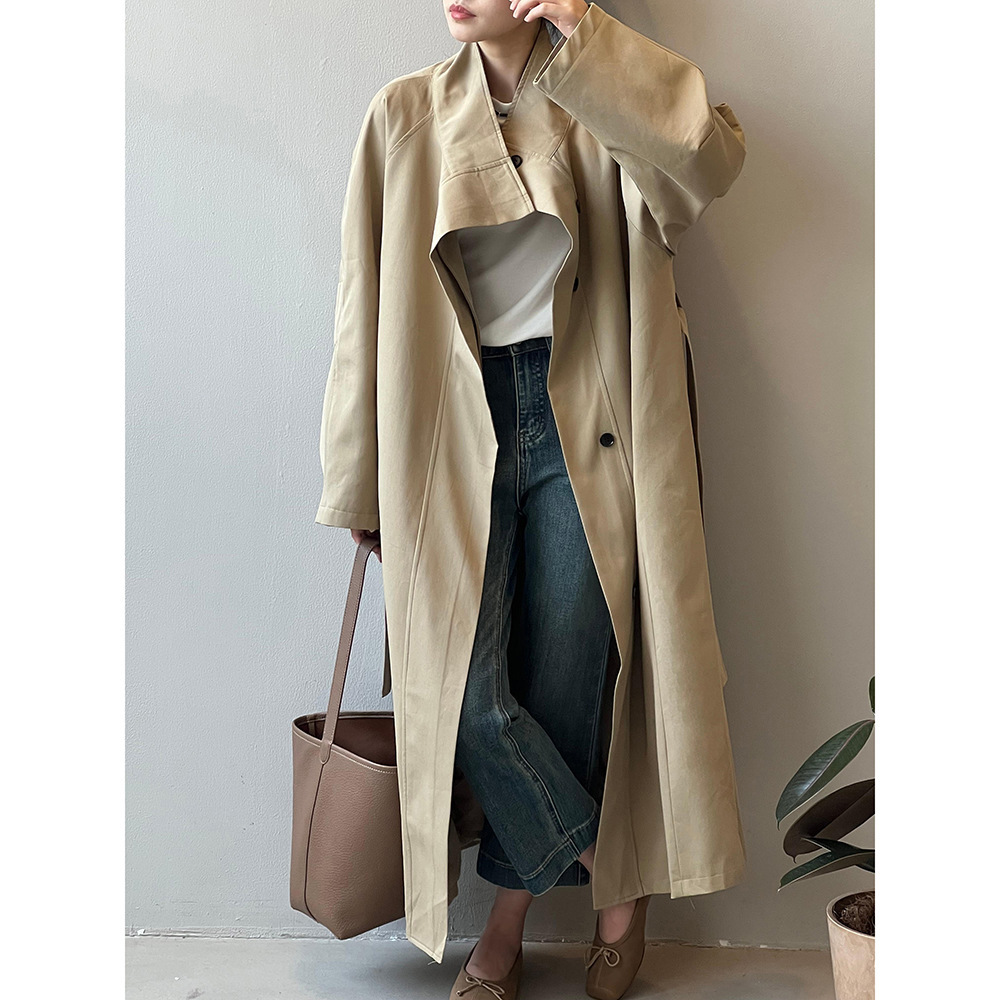 Long Section With A Stand Collar Trench Coat Women's Single-breasted Baggy Coat - Image 6