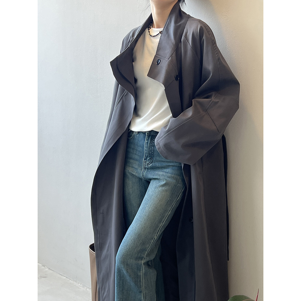 Long Section With A Stand Collar Trench Coat Women's Single-breasted Baggy Coat - Image 3