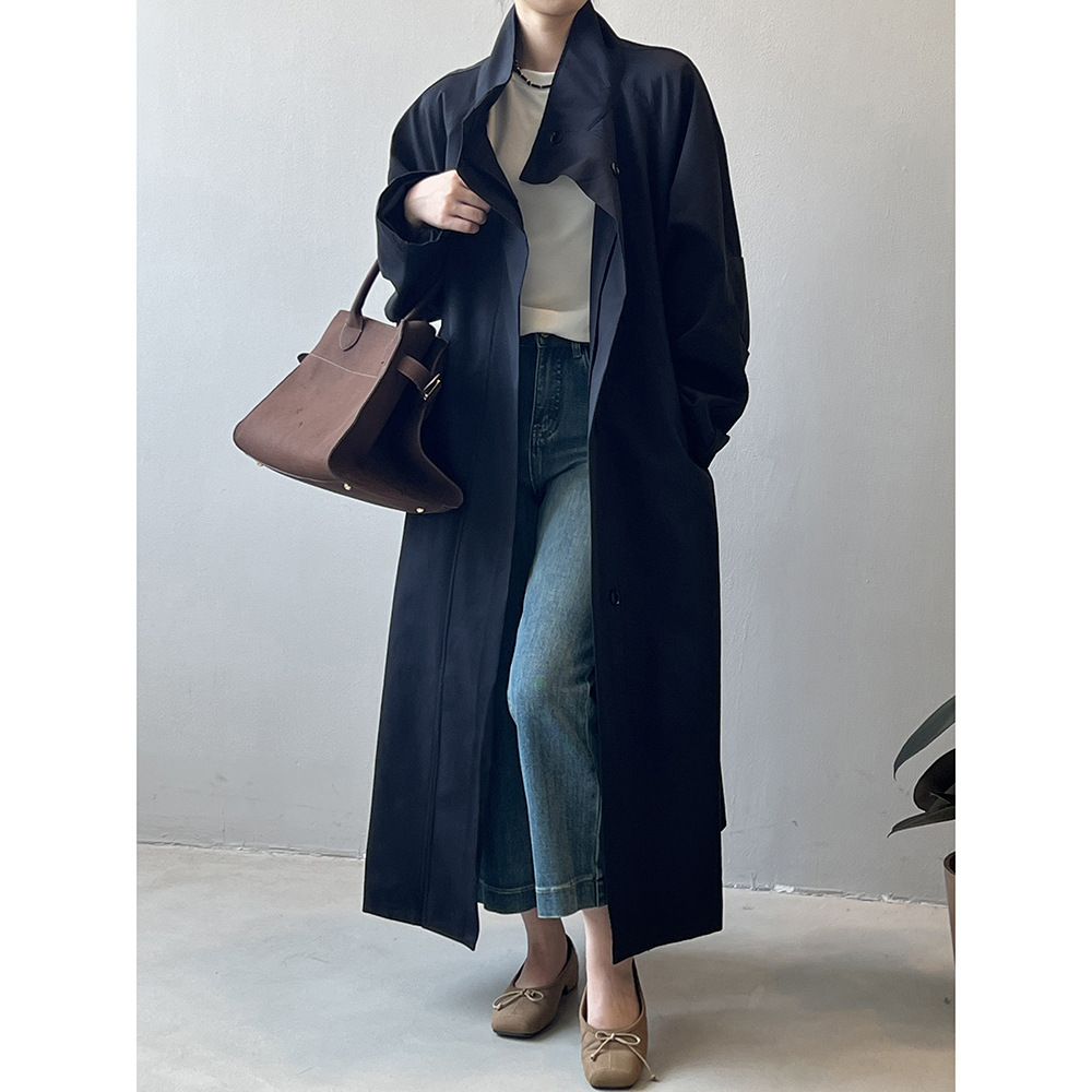 Long Section With A Stand Collar Trench Coat Women's Single-breasted Baggy Coat - Image 8