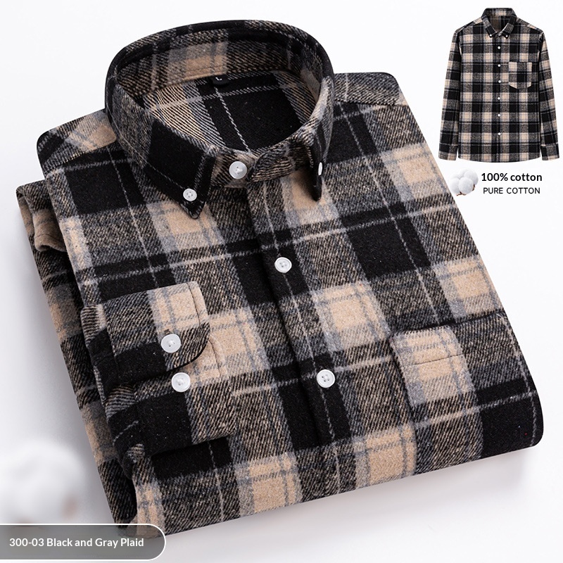 New Fuzzy-Brushed Plaid Mens Shirt Thickened Long-Sleeve Top - Image 3