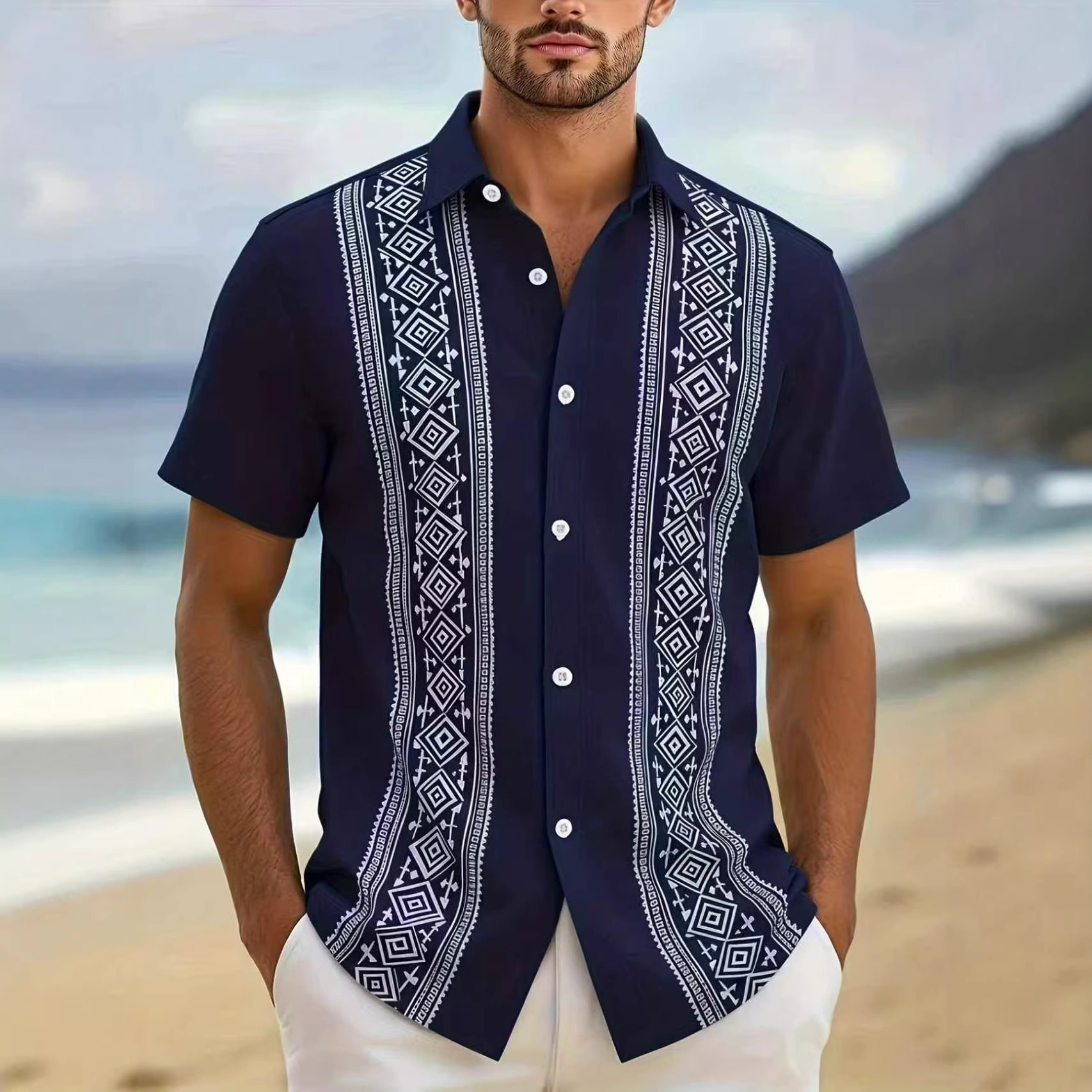 Hawaii New Style Lapel Striped Short-Sleeve Shirt For Men