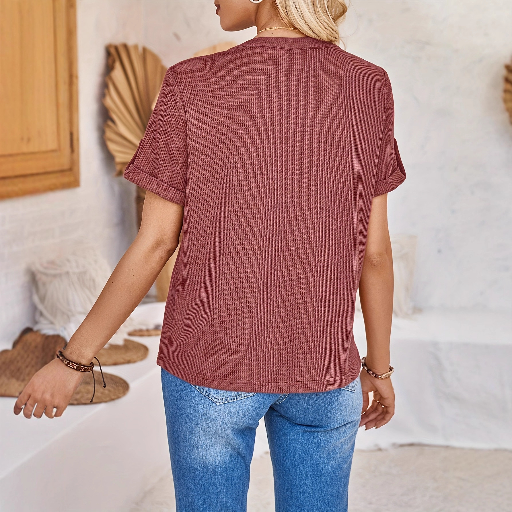 Women's Summer Button Short Sleeved Loose Solid Color Notch V-neck Pullover - Image 2