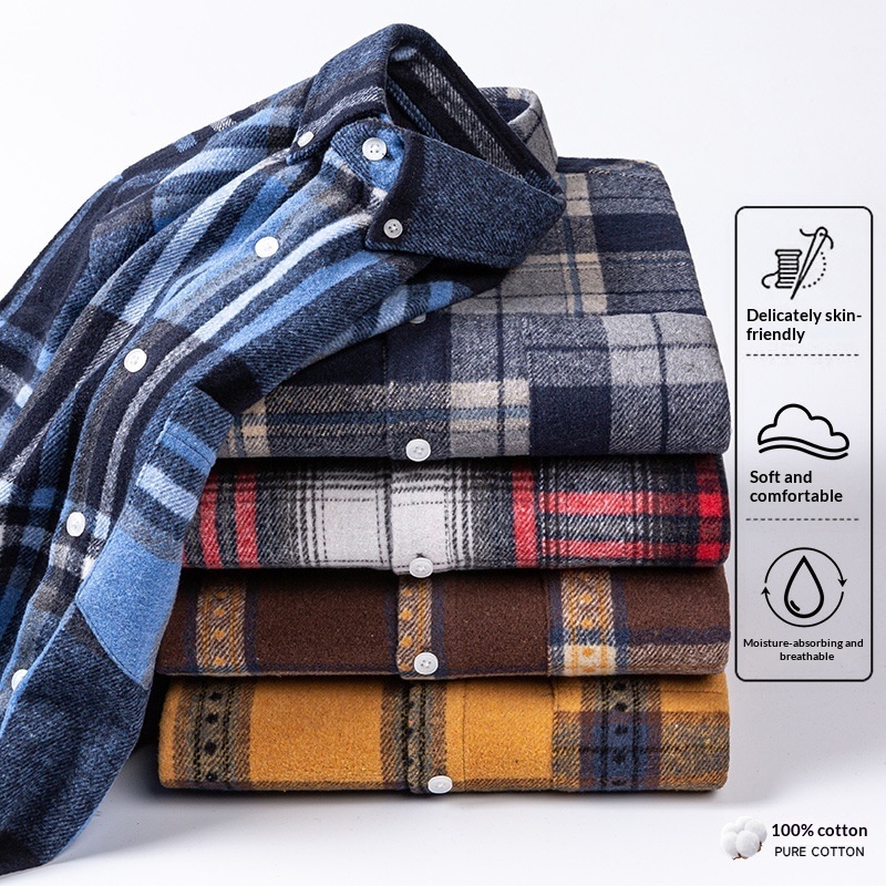New Fuzzy-Brushed Plaid Mens Shirt Thickened Long-Sleeve Top