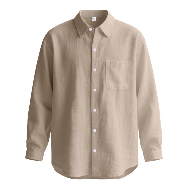 Springautumn Solid Color Cotton Linen Lapel Long Sleeve Shirt - Image 3