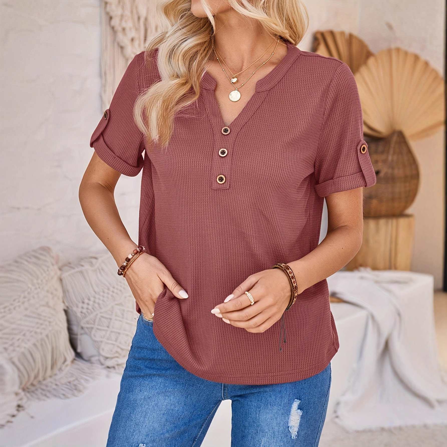 Women's Summer Button Short Sleeved Loose Solid Color Notch V-neck Pullover - Image 4