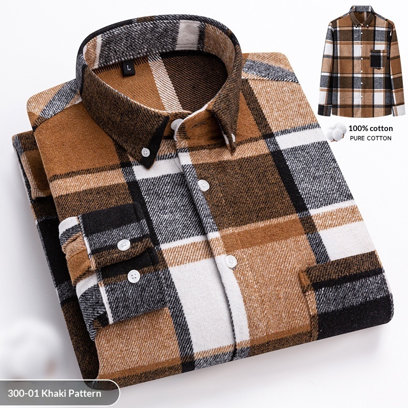 New Fuzzy-Brushed Plaid Mens Shirt Thickened Long-Sleeve Top - Image 2