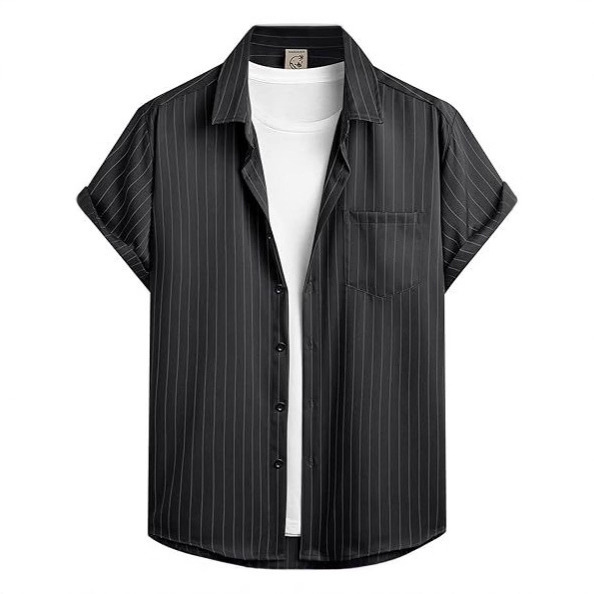 Striped And Solid-color Short-sleeve Shirt-cardigan - Image 7